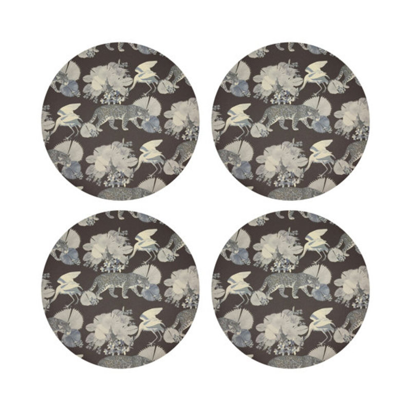 Leopard Walk Powder Vegan Leather Round Coasters, Chocolatte