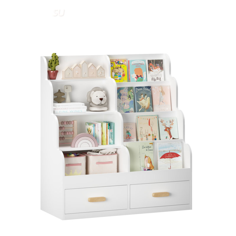 Bibliothèque pour enfants avec 2 tiroirs de rangement, bibliothèque pour enfants et organisateur de jouets, tablette de lecture à plusieurs niveaux