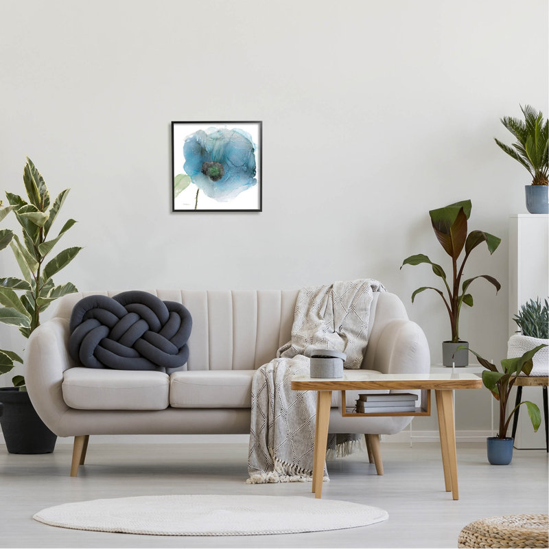 Abstrait bleu en forme de fleur, estampe numérique par Carol Robinson, Giclée encadrée noir minuit