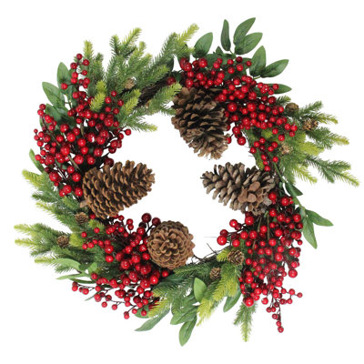 Couronne de Noël artificielle pomme de pin et baies non éclairée 22 pouces