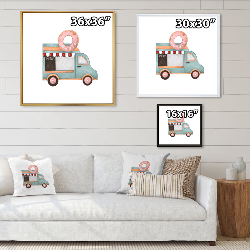 Art rétro sur toile, Donut Van Kiosk, H 36 po x l 36 po x P 1,5 po, Cadre naturel flottant