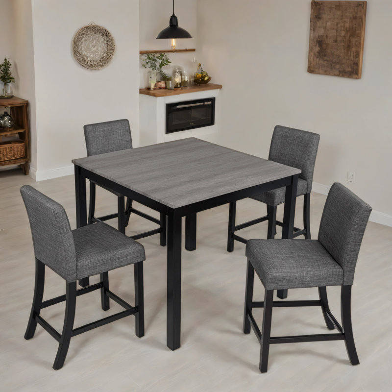 Ensemble de table 5 pièces à hauteur de comptoir avec 4 chaises, ensemble de table à hauteur de comptoir pour 4 avec chaises, ensemble de table à hauteur de comptoir en bois pour la cuisine, la salle à manger, gris clair et noir deux tons