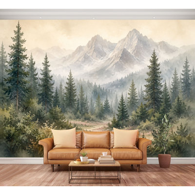 Wall Mural Peel and Stick Wallpaper Watercolor Forest Landscape Pine Trees Misty Mountains Self-Adhesive Removable Contact Paper Wall Decor for Living Room Bedroom 100"H x 144"W