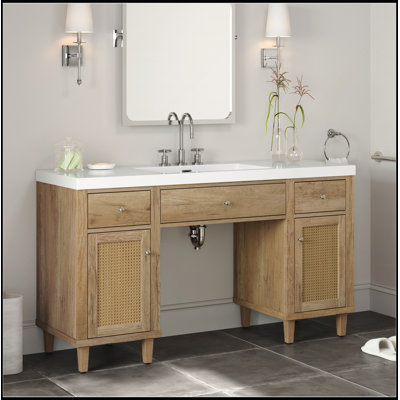 Meuble-lavabo de 60 po avec lavabo SMC, rangement spacieux, tiroirs à fermeture en douceur et pieds en pin pour les salles de bain modernes