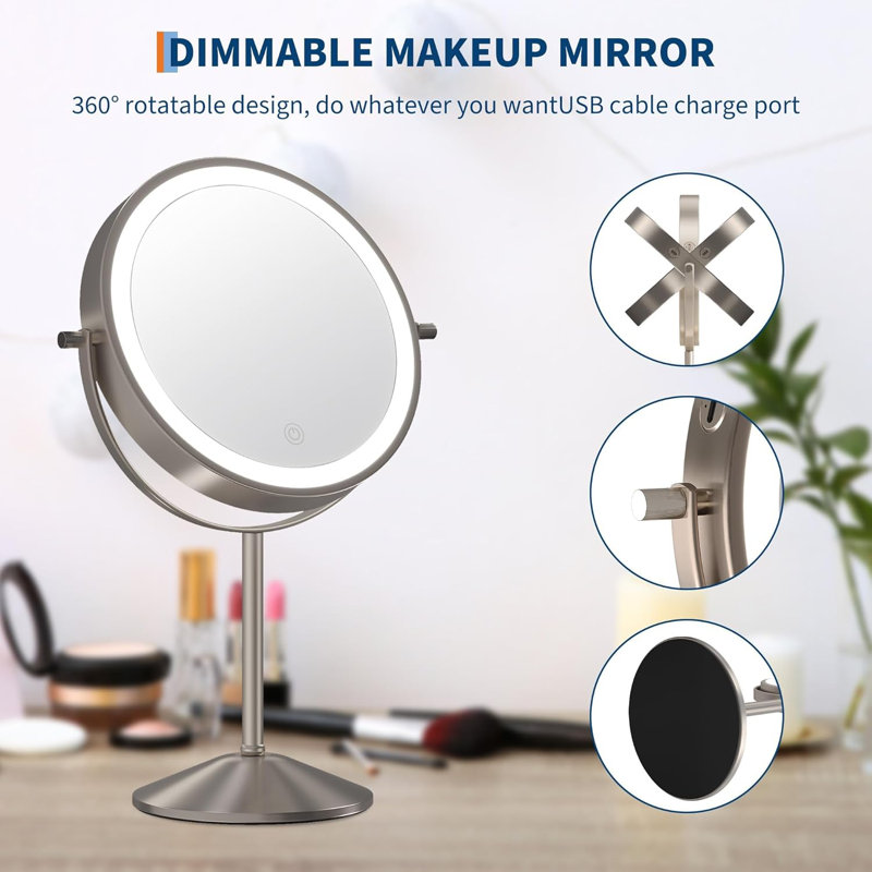 Lighted Makeup Mirror with 10X Magnification, 360° Rotatable Dual-Sided Vanity Mirror, USB Rechargeable with 3 Color Lighting