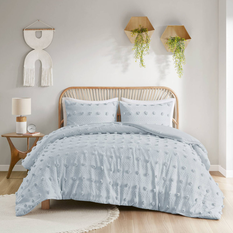 Blue Clip Jacquard Twin/Twin XL Duvet Cover Set with Pompom Accents