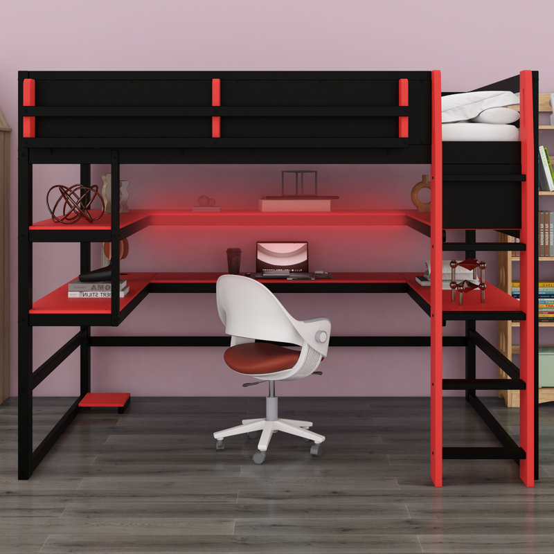 Lit mezzanine avec bureau, support de rangement latéral, tablettes multiples, Rouge
