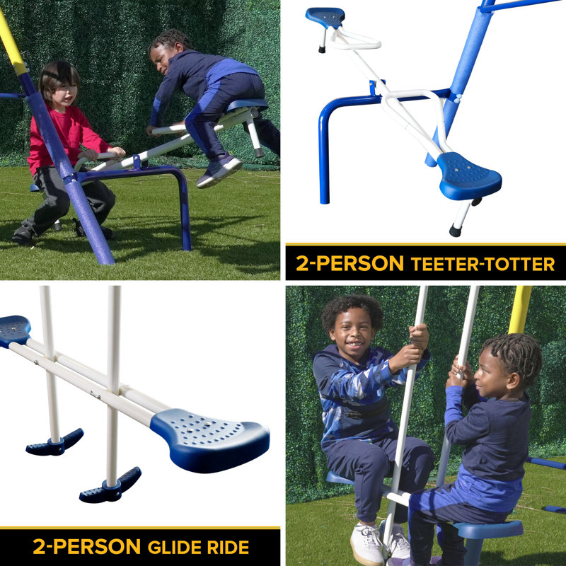 Blue and Yellow Metal Swing Set with Slide and Glider