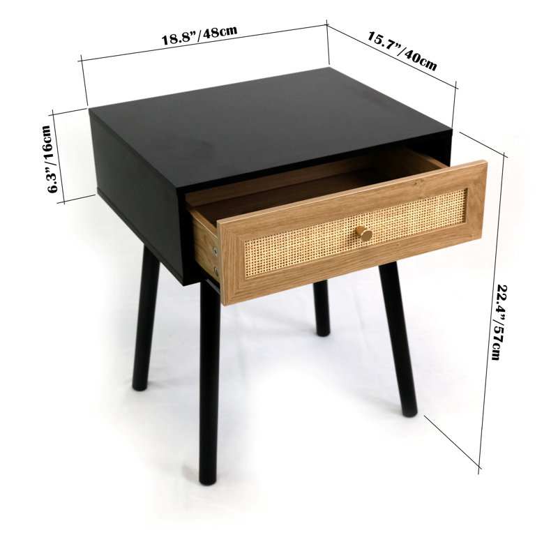 Table de bout en bois, table d'appoint, table de chevet avec tiroir en rotin naturel, finition chêne noir, Noir