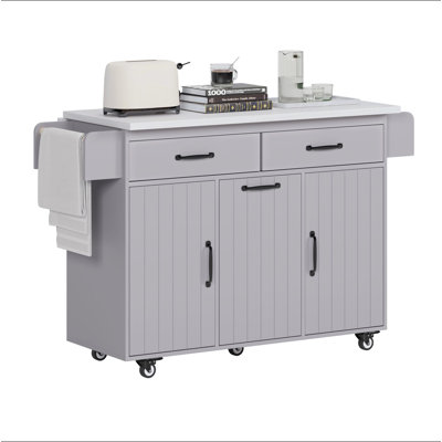 Îlot de cuisine avec armoire de rangement pour poubelle, chariot de cuisine avec abattant, support à épices, porte-serviettes et tiroir, îlot de cuisine sur roulettes avec tablette réglable, gris