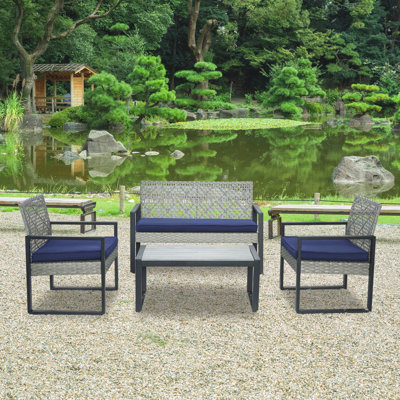 4-Piece Patio Furniture Set Rattan Grey Outdoor Balcony Porch Garden Backyard Lawn Furniture Acacia Wood Table Top Blue Cushion And Light Grey
