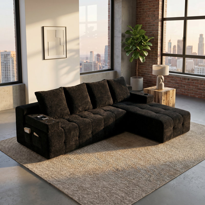 Compressed L-shaped Sectional Sofa With Side Pockets,wireless Charging Device, Two Usb Charging Ports, One Cup Holder, Bluetooth Speaker,reversible Lounge Chaise, Chenille Material,black Color