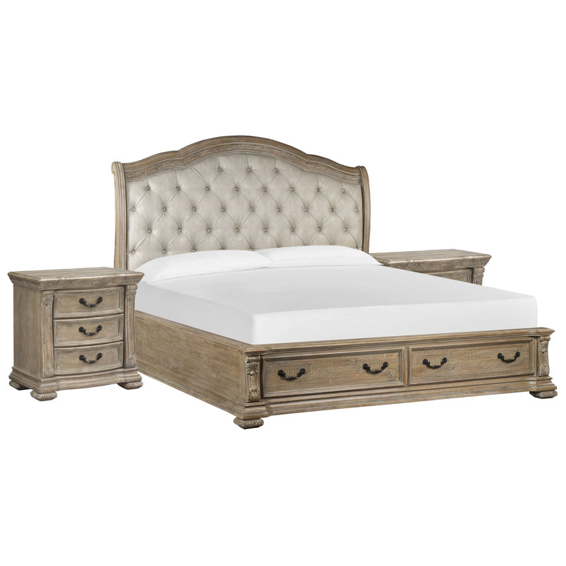 Grand lit-bateau tapissier avec 2 tables de chevet, Beige, Grand