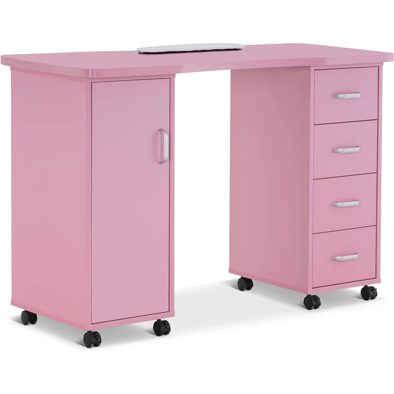 Bureau de coiffeuse 47,2 po, bureau à clou classique avec tiroir et roulettes, Rose