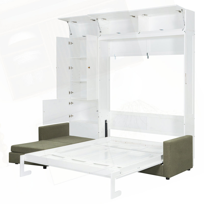 Grand lit escamotable mural avec canapé et tablettes, lit pliable peu encombrant pour petits appartements, Blanc