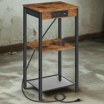 Tall End Table With Charging Station, 3-Tier Nightstand With Adjustable Shelf, Multi-Outlet Side Table For Living Room And Bedroom