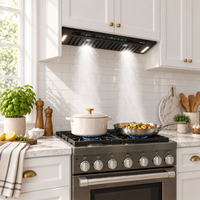Hotte de cuisine encastrée de 76 cm (30 po) et 900 pi³/min (25,4 m³/min) avec commandes vocales et tactiles, ultramince et convertible (28 cm [11 po] de hauteur), filtre à charbon inclus et éclairage DEL à intensité variable.