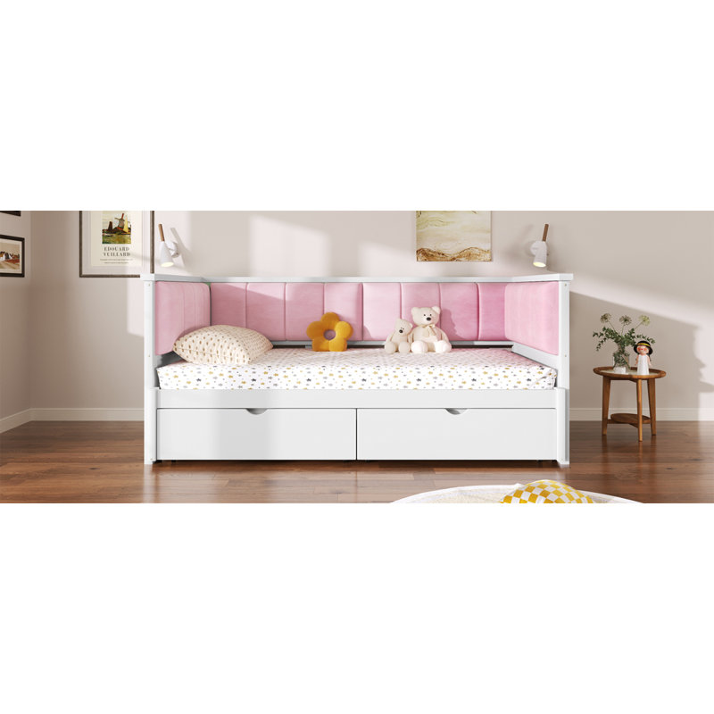 Lit de jour simple TG à très grand avec deux tiroirs de rangement et dossier rembourré, blanc et rose (ETA: 3/15)