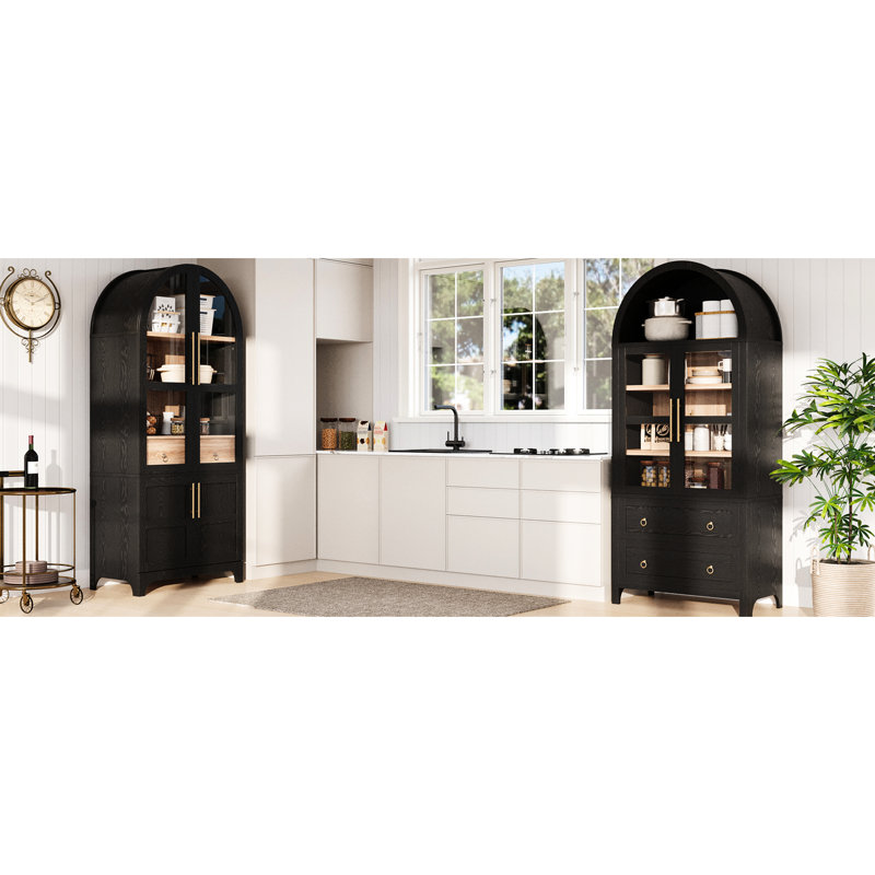 Garde-manger arqué de 71 po pour la cuisine, avec rangement interne à 4 portes, tablettes réglables, tiroir caché et fonction de fermeture en douceur, salle à manger avec rangement de 71 po de hauteur, avec portes et 2 portes en métal