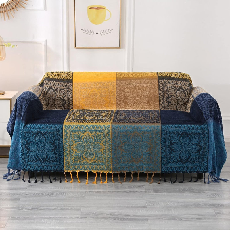 Box Cushion Sofa Slipcover, Chenille - Blue/Yellow