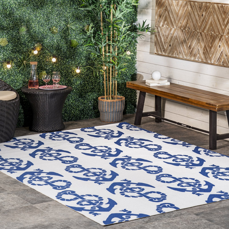 Tapis intérieur / extérieur bleu / blanc Holzer, Rectangle 8 pi x 10 pi