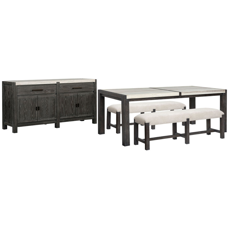 Rectangular Dining Table With 2 Benches And Sideboard, 4 Pcs: Table, 2 Benches, Sideboard