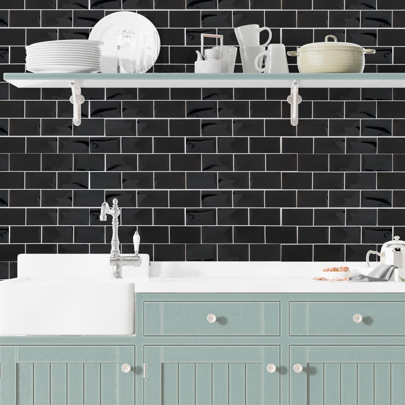 Mimia Glossy Subway Metro Classic Brick 3D Tile Sticker 15.4cm x 30.5cm PVC, Black