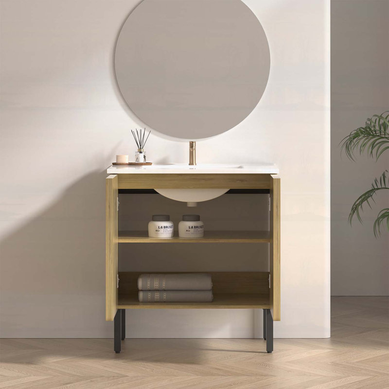 Meuble-lavabo sur pied avec lavabo en céramique intégré, écologique et durable