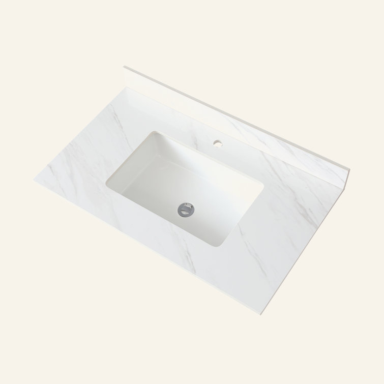 37 Inch Marble Vanity Top, White Vanity Top With Pre-Drilled Faucet Holes, Bathroom Vanity Top With Undermount Rectangular Middle Sink And 4" Height Backsplash,  Bianco Carrara Venato