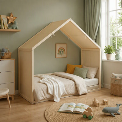 Structure de lit à baldaquin simple blanc antique, panneaux latéraux rembourrés de velours doux avec dessus à baldaquin en lin respirant, lit minimaliste moderne, assemblage facile pour la chambre d'amis