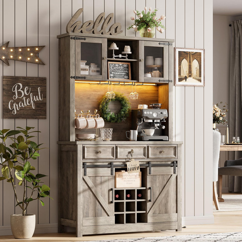 Farmhouse 72" Coffee Bar Cabinet with LED Light and Power Outlet, Large Kitchen Hutch with 3 Drawers, Wine Glass Rack, and Sliding Barn Door, Tall Wine Cabinet for Home Bar