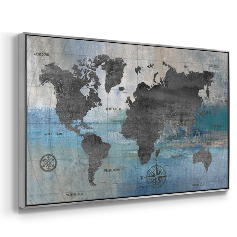 «World Map Blue» et toile tendue avec cadre gris, Argent, H 27 po x l 41 po x P 2 po