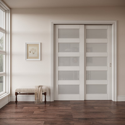 Porte coulissante intérieure coulissante à 5 carreaux en verre dépoli, MDF CARB P2 et verre trempé SGCC, avec cadre renforcé, serrure argentée et quincaillerie de sécurité, préfinie et imperméable, pour garde-manger, chambre et placard, teinture facile à appliquer soi-même, 91,4 cm x 203,2 cm