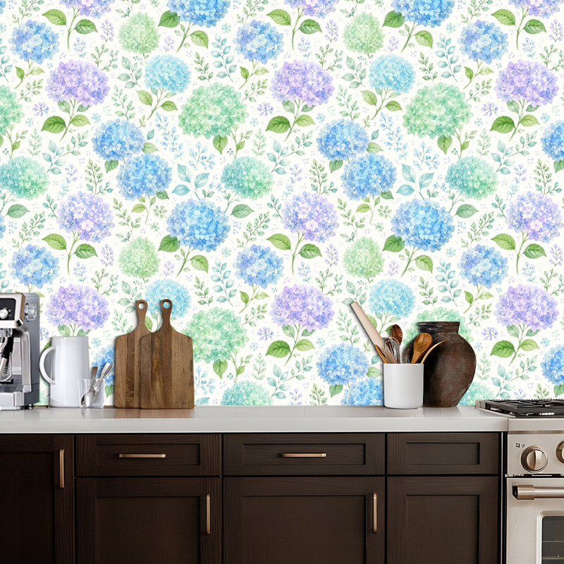 Papier peint auto-adhésif hydrangée bleue à motif floral avec feuilles vertes et aquarelle, L 118,08 po x l 17,7 po