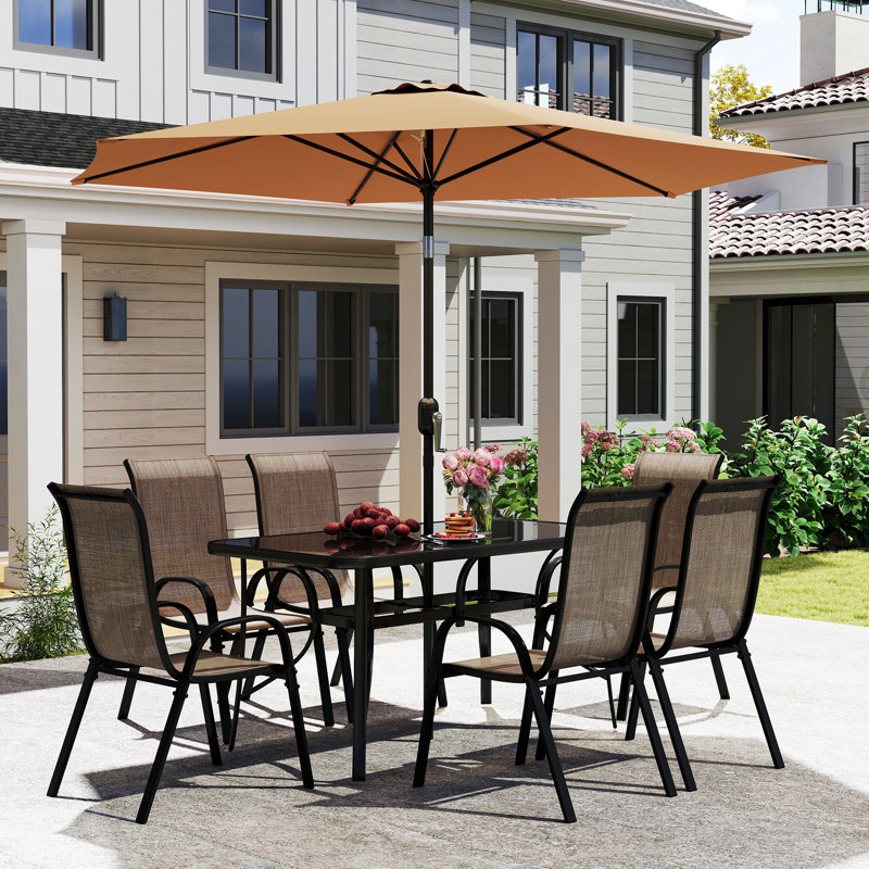 8 Pieces Patio Table and Chairs Set with 9 Ft Patio Umbrella, Outdoor Dining Set with 4.6 Ft Dining Table and 6 Chairs, Push Button Tilt and Crank Parasol, Tempered Glass Top