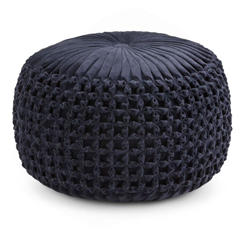 20 inch Wide Round Pouf in Velvet, Dark Blue
