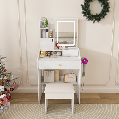 Miroir de salle de bain 3 lumières DEL avec tabouret, coiffeuse pour chambre à coucher, 2 tiroirs et 5 armoires de rangement (4 ouvertes + 1 cachée), éclairage réglable (blanc)