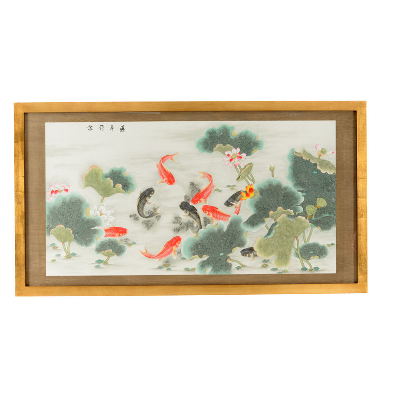 Large Antique Gold Leaf Framed Garden Pond Print with Koi Fish