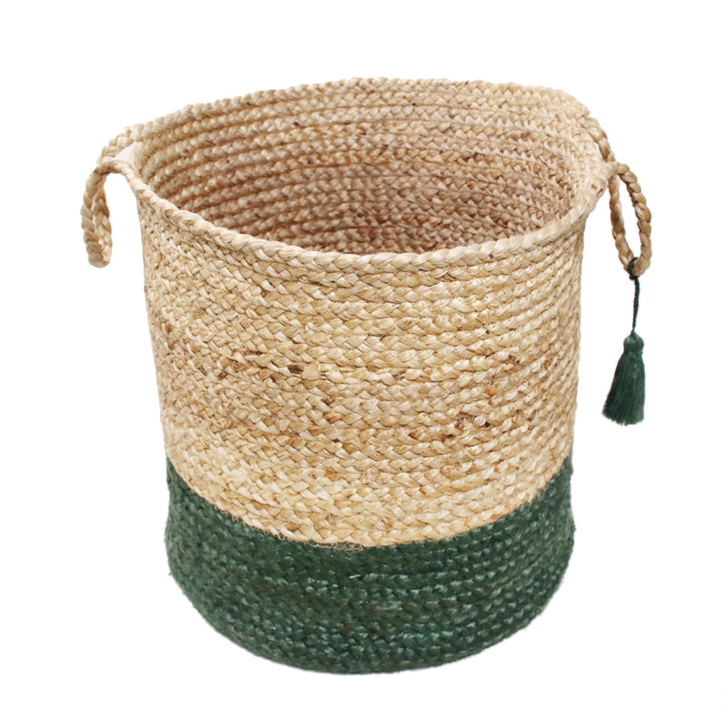Handmade Round Tan and Green Jute Storage Basket with Loop Handles