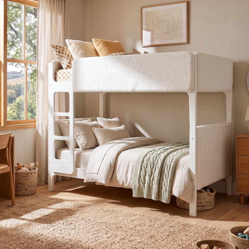 Kestrel Modern Twin Over Twin Upholstered Bunk Bed with Plush Sherpa Fabric, Padded Guardrails & Headboards, White