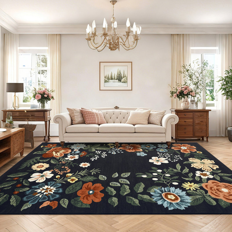 6'x9' Floral Wreath Area Rug, Washable Non Slip Non Shedding Low Pile Stain Resistant Foldable Soft Carpet for Entryway Kitchen Bathroom Black