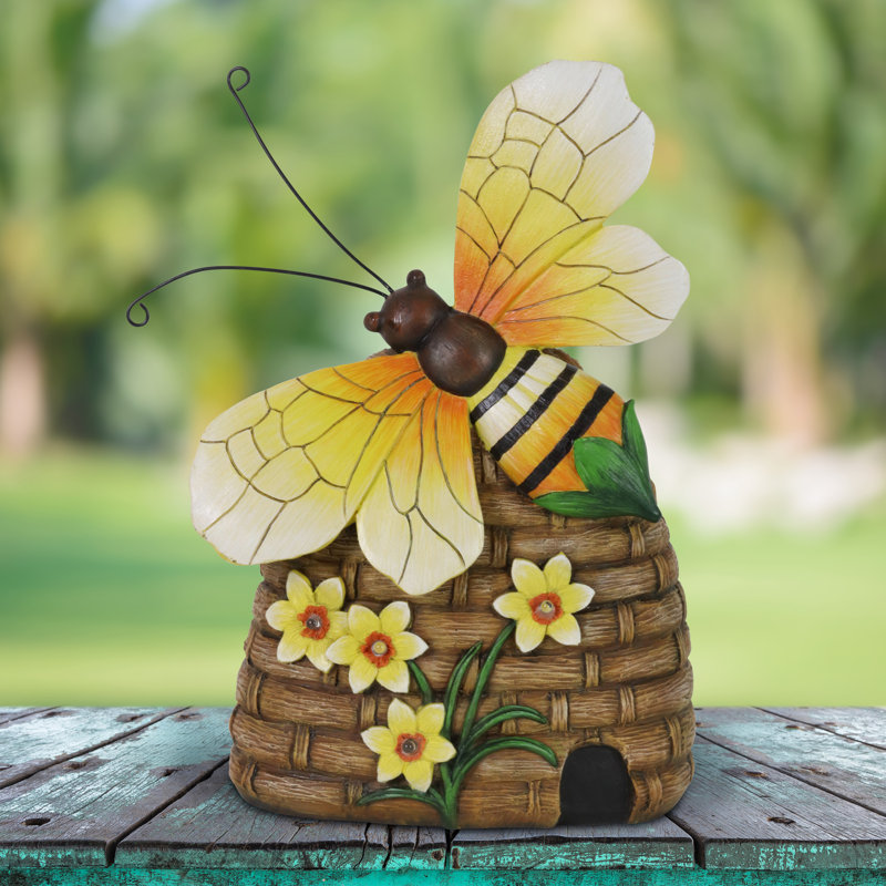 Statuette abeille solaire peinte à la main avec fleurs à DEL 9 x 12,5 po Exhart