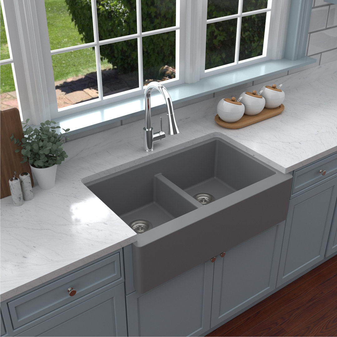 Karran Farmhouse Apron Front Quartz Composite 34'' X 21-1/4'' 50/50 Double Bowl Kitchen Sink Karran