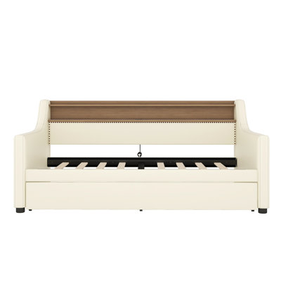 Upholstered Twin Daybed with Trundle, USB Charging Station & LED Lights, White Platform Sofa Bed for Guest Room by Latitude Run