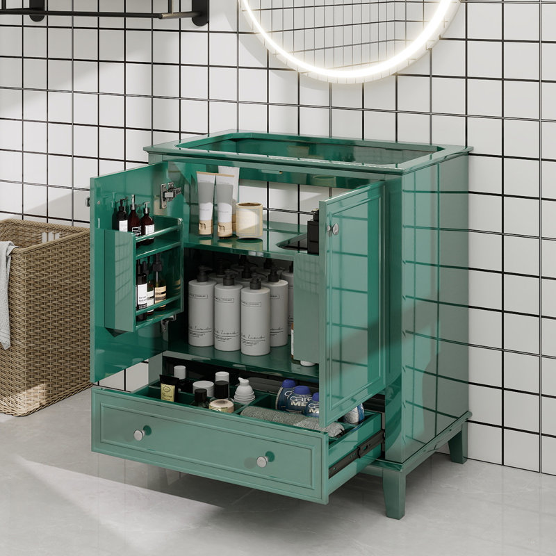 Meuble-lavabo 30 po sans lavabo, base seulement, armoire de salle de bain multifonctionnelle avec portes et tiroir, cadre solide et panneau de fibres à densité moyenne, vert