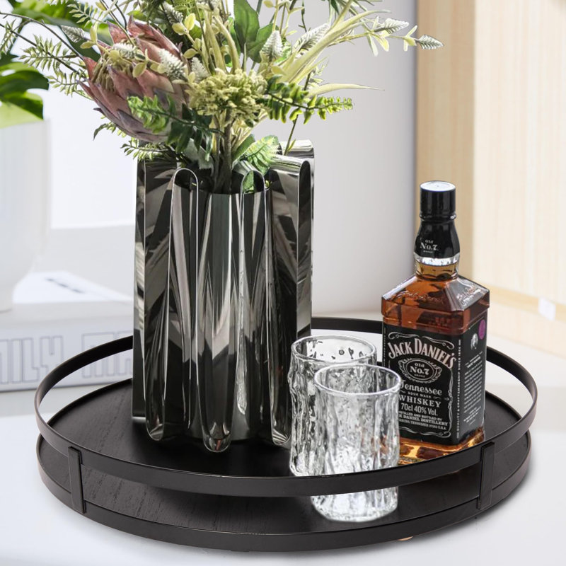 12In décoratif Jabarrie-rond Jabarrie de service avec poignée en métal-noir Jabarrie décoratif pour la décoration intérieure, le salon, la décoration de table basse, Jabarrie en bois rustique pour la décoration de la table de cuisine, table de salle à manger