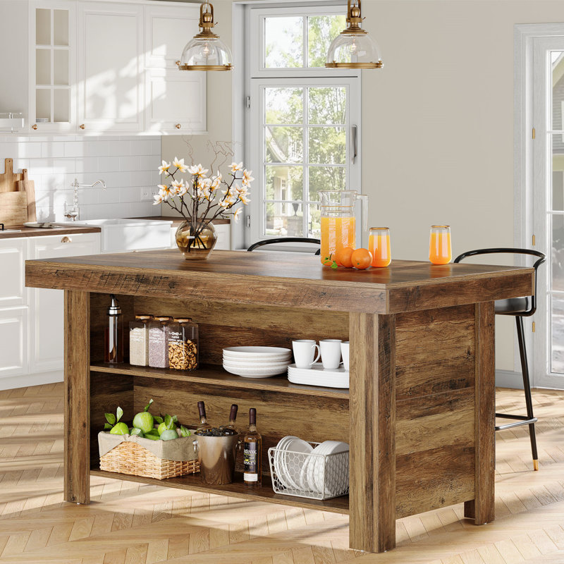 55" Kitchen Island With Storage, Farmhouse Island Table Counter Height Bar Table, Brown