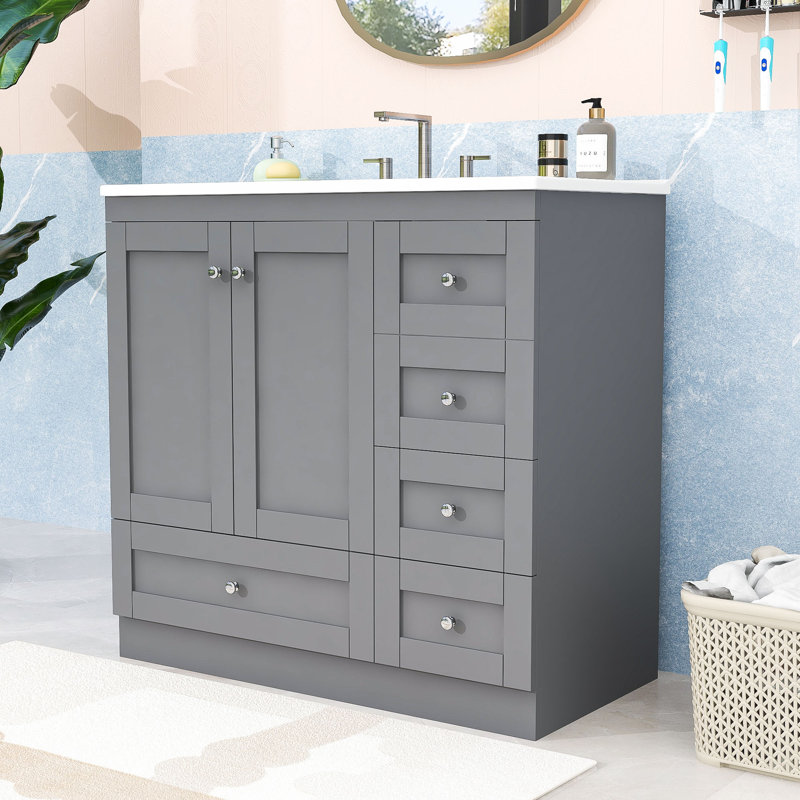 Meuble-lavabo autoportant avec lavabo intégré, tiroirs et portes à fermeture en douceur pour salle de bain, Gris