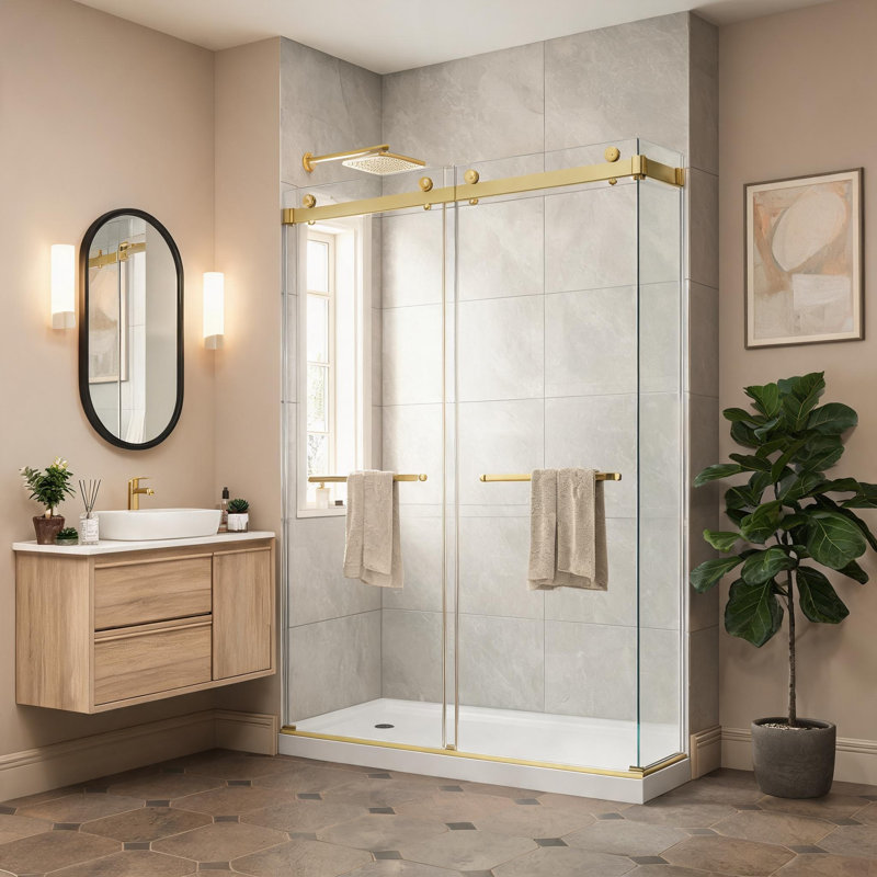 55–60 in. W x 76 in. H Frameless Double Bypass Sliding Shower Door, Brushed Gold, 5/16 in. Tempered Glass