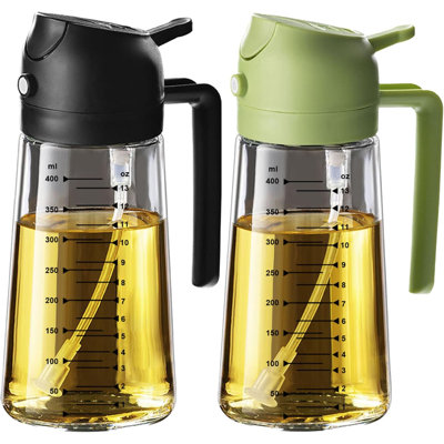 16Oz/470Ml Glass Olive Oil Sprayer For Cooking With Stickers, 2 In 1 Oil Dispenser For Kitchen Gadgets, Food Grade Premium Spray Bottle With Portion Control For Salad, Frying, BBQ (Black)